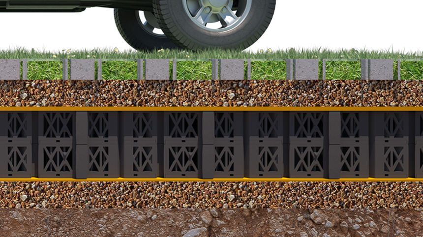 A detailed view of rainwater modules being installed in a green roof setup, highlighting their role in water retention and stormwater control in urban environments.