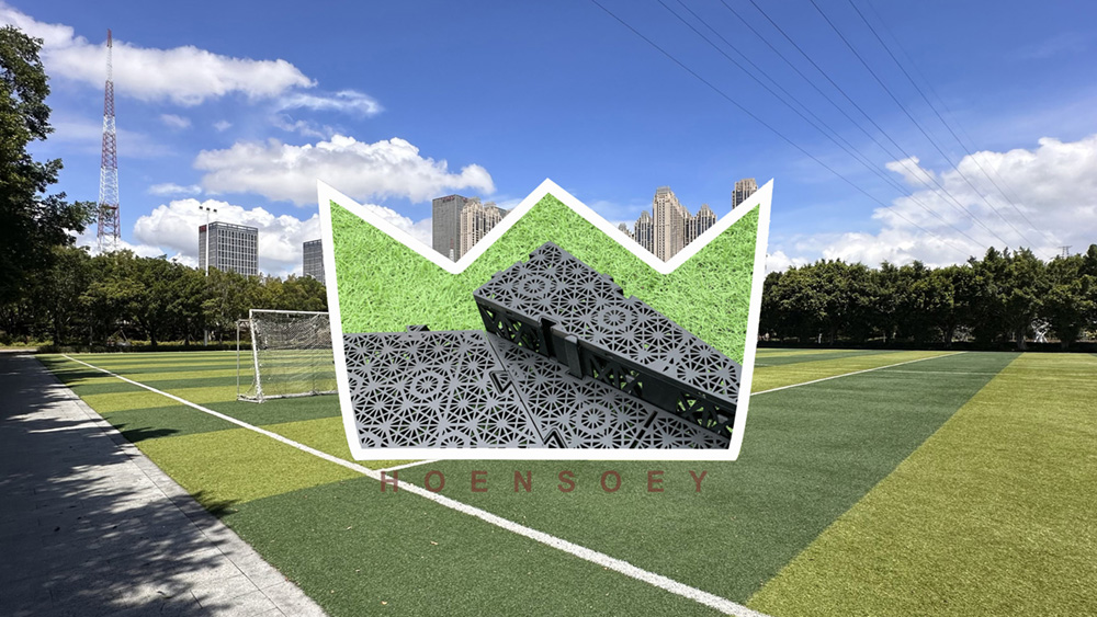 An urban synthetic turf sports field designed for durability, showcasing sustainable drainage and cooling technology for year-round playability.