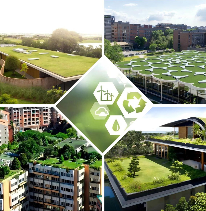 Close-up of drainage-integrated green roof module system