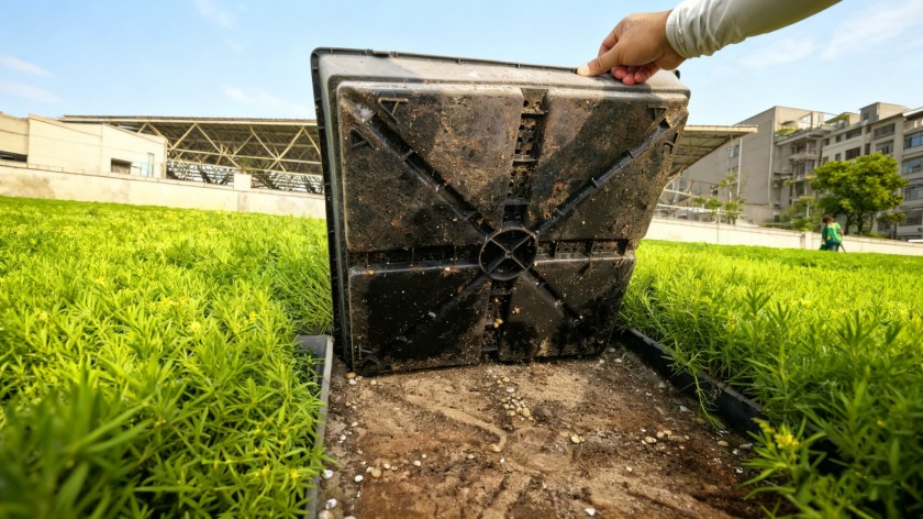 Modular green roof trays installed on a commercial mall building